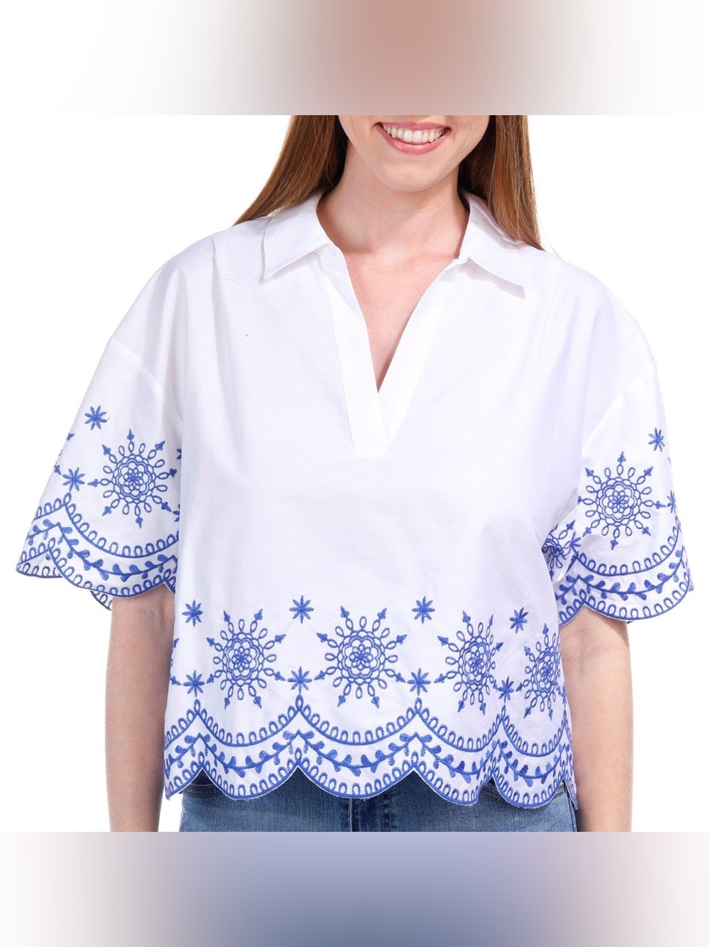 NVLT Embroidered Scalloped Hem Collared 100% Cotton Blouse White Blue Size M